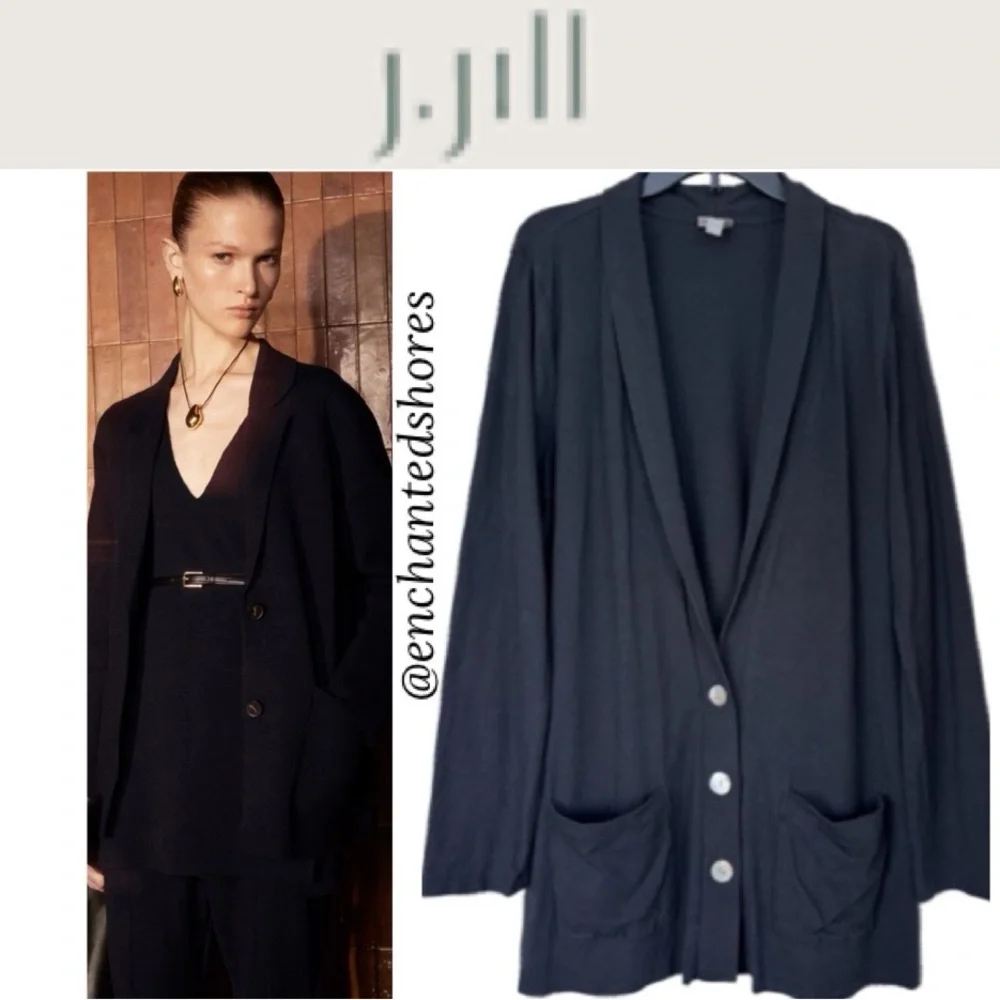J Jill Cardigan Lightweight Neutral Pop Over Jumper Duster Black Size Large